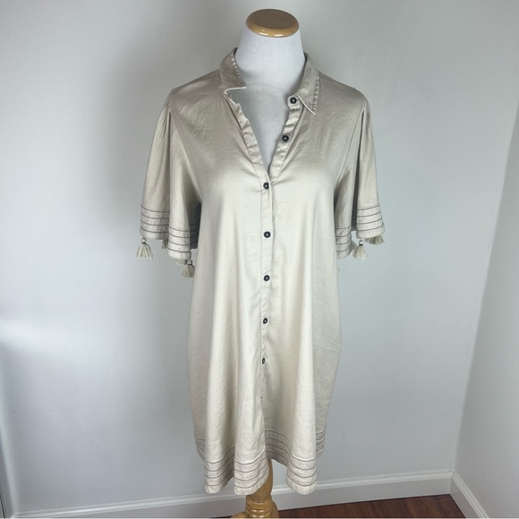 Anthropologie Maeve Collared Linen Button-Front Tassel Mini Dress Cream Size M - Picture 3 of 7